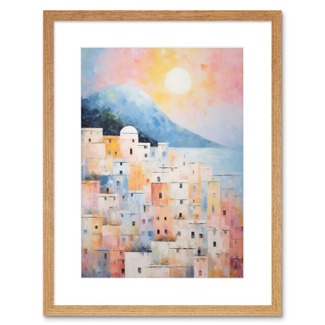 Artery8 Wall Art Print Santorini Whitewashed Buildings Pastel Colour Oil Painting Orange Pink Blue Sunrise Fira Coastal City Artwork Framed 9X7 Inch - image 1