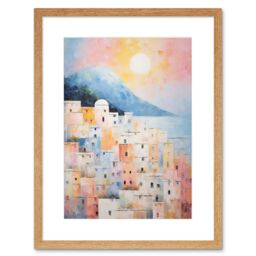 Artery8 Wall Art Print Santorini Whitewashed Buildings Pastel Colour Oil Painting Orange Pink Blue Sunrise Fira Coastal City Artwork Framed 9X7 Inch - thumbnail 1