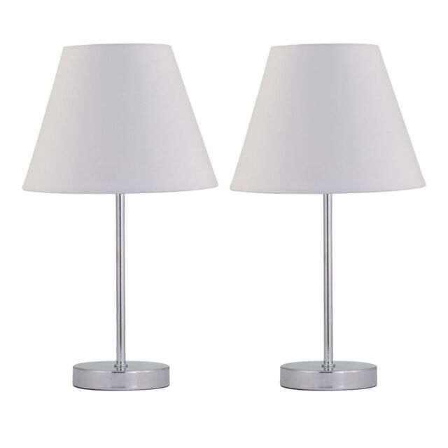 First Choice Lighting Set of 2 Chrome Stick Table Lamps with Ivory Off-White Fabric Shades in Silver - image 1