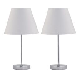 First Choice Lighting Set of 2 Chrome Stick Table Lamps with Ivory Off-White Fabric Shades in Silver