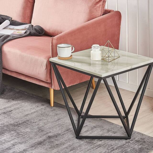 Wyld and Coco 50 x 50 cm Side End Table Beige Marble-Look Top with Black Metal Frame - image 1