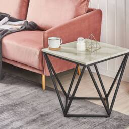 Wyld and Coco 50 x 50 cm Side End Table Beige Marble-Look Top with Black Metal Frame - thumbnail 1