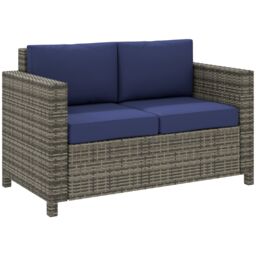 OUTSUNNY Rattan Wicker 2-seat Sofa Loveseat Padded Garden Furniture in Dark Blue - thumbnail 2