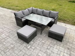 Fimous 8 Seater Outdoor Rattan Garden Furniture Set with Rectangular Dining Table 2 Big Footstool Patio Wicker Corner Sofa Set in Dark Grey - thumbnail 1