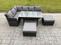Fimous 8 Seater Outdoor Rattan Garden Furniture Set with Rectangular Dining Table 2 Big Footstool Patio Wicker Corner Sofa Set in Dark Grey - thumbnail 2