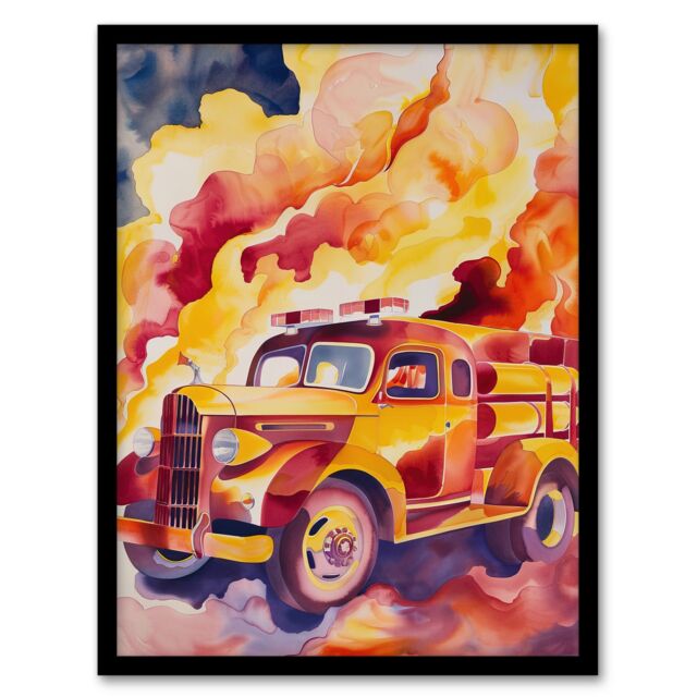 Artery8 Fire Truck on Fire Orange Lilac Red Watercolour Framed Art Print - Size: A4 - image 1