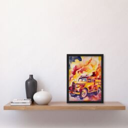 Artery8 Fire Truck on Fire Orange Lilac Red Watercolour Framed Art Print - Size: A4 - thumbnail 4