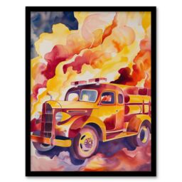 Artery8 Fire Truck on Fire Orange Lilac Red Watercolour Framed Art Print - Size: A4 - thumbnail 1