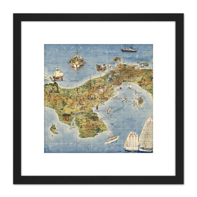 Artery8 Map Herman 1941 Panama Canal Pictorial 8X8 Inch Square Wooden Framed Wall Art Print Picture with Mount in Black - image 1