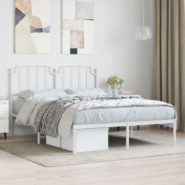 Berkfield Home Metal Bed Frame with Headboard White 135x190 cm Double - image 1