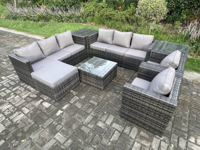 Fimous Rattan Garden Furniture Sofa Set with 2 Armchairs Square Coffee Table Side Table Big Footstool Indoor Side Table in Dark Grey - image 1