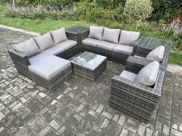 Fimous Rattan Garden Furniture Sofa Set with 2 Armchairs Square Coffee Table Side Table Big Footstool Indoor Side Table in Dark Grey - thumbnail 1
