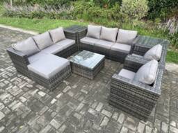 Fimous Rattan Garden Furniture Sofa Set with 2 Armchairs Square Coffee Table Side Table Big Footstool Indoor Side Table in Dark Grey - thumbnail 2