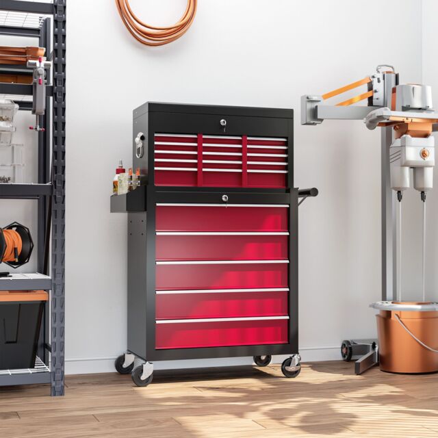 HOMCOM Rolling Tool Cabinet on Wheels with 14 Drawers, Pegboard & Side Rack, Lockable Top Tool Chest & Roller Cabinet Combo for Workshop & Hom in Red - image 1