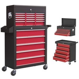 HOMCOM Rolling Tool Cabinet on Wheels with 14 Drawers, Pegboard & Side Rack, Lockable Top Tool Chest & Roller Cabinet Combo for Workshop & Hom in Red - thumbnail 2