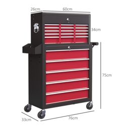 HOMCOM Rolling Tool Cabinet on Wheels with 14 Drawers, Pegboard & Side Rack, Lockable Top Tool Chest & Roller Cabinet Combo for Workshop & Hom in Red - thumbnail 3