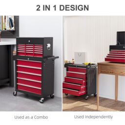 HOMCOM Rolling Tool Cabinet on Wheels with 14 Drawers, Pegboard & Side Rack, Lockable Top Tool Chest & Roller Cabinet Combo for Workshop & Hom in Red - thumbnail 5