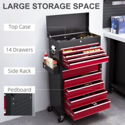 HOMCOM Rolling Tool Cabinet on Wheels with 14 Drawers, Pegboard & Side Rack, Lockable Top Tool Chest & Roller Cabinet Combo for Workshop & Hom in Red - thumbnail 4