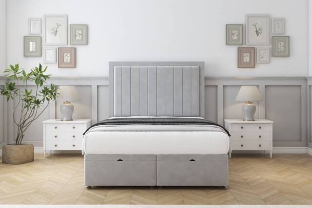 "Sloomy Pemberton Plush Ottoman Bed Base-26"" Strutted Headboard in Silver - Size: Super King" - image 1