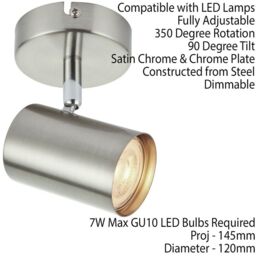 Loops Adjustable Ceiling / Wall Spotlight Satin Chrome Round GU10 Kitchen Downlight - thumbnail 2
