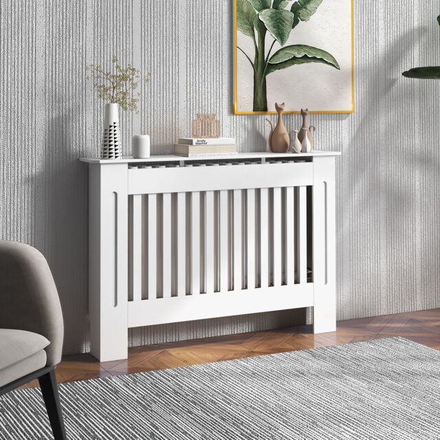 HOMCOM Radiator Cover Painted Slatted MDF Cabinet Lined Grill S/M/L in White - image 1