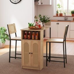 Gymax 3 Piece Bar Table Set Dining Table & 2 Bar Stools Set With Cabinet in Light Khaki - thumbnail 3