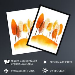 "Artery8 Abstract Autumn Trees Orange Watercolour Painting Framed Wall Art in Mustard - Size: W12"" x H16""" - thumbnail 2