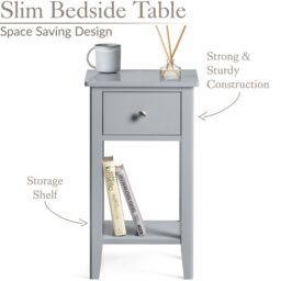 Christow Grey Bedside Table Slim Bedroom Nightstand Cabinet Unit 1 Drawer Storage Shelf - thumbnail 3