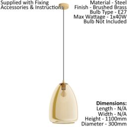 Loops Pendant Light Colour Brushed Brass Shade Amber Glass Vaporized Bulb E27 1x40W in Clear - thumbnail 2