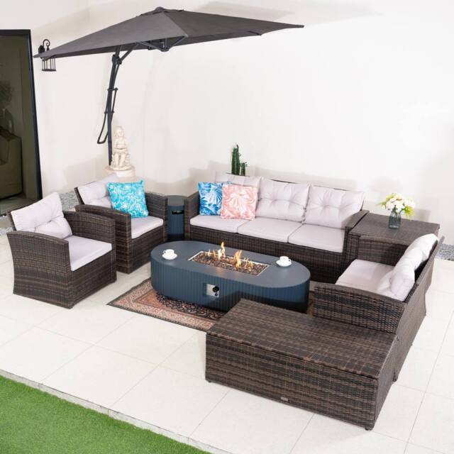 Direct Wicker Outdoor 7-Seater Corner Sofa Set with Gas Fire Pit Table, Storage box in Brown - Size: 1 Pack - image 1