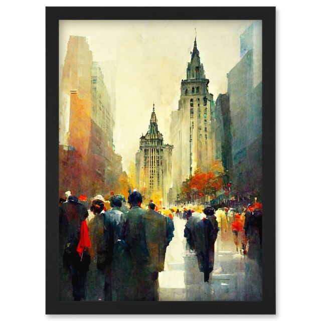Artery8 Autumn On Wall Street New York City Painting Artwork Framed Wall Art Print A4 in Black - image 1
