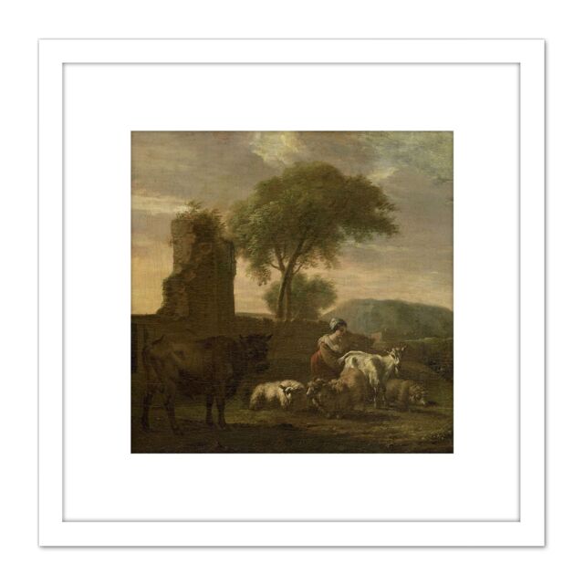 Artery8 Van Der Does Italian Landscape Shepherdess Flocks 8X8 Inch Square Wooden Framed Wall Art Print Picture with Mount in White - image 1
