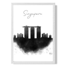 ARTZE Singapore Watercolour Skyline City Framed Print SIZE: A2 with White Frame in Black - Size: A3 - thumbnail 1