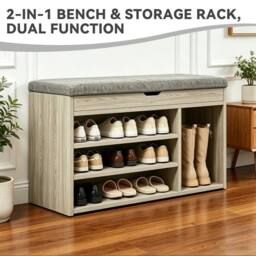 EONLION Shoe Bench Shoe Storage Rack Cabinet Organiser in Grey - Size: 100 cm - thumbnail 4