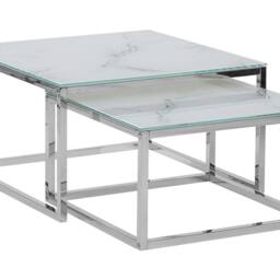 Wyld and Coco Nest of 2 White Marble-Top Coffee Tables Silver Frame - thumbnail 2