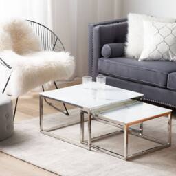 Wyld and Coco Nest of 2 White Marble-Top Coffee Tables Silver Frame - thumbnail 1