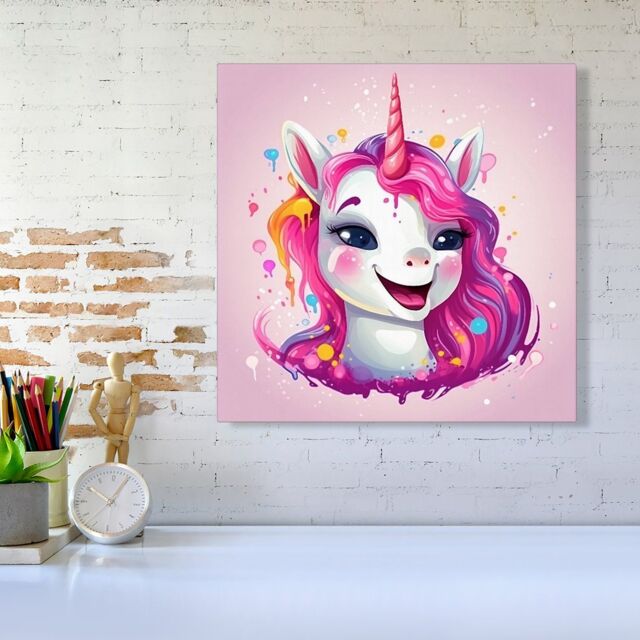 Warren Reed - Designer Happy Unicorn Splashart Canvas in Pink - Size: w10 inch x h10 inch - image 1