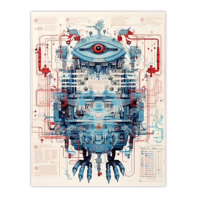 Artery8 Wall Art Print Bird Robot Hybrid Schematic Blue Futuristic Secret Spy Cam Complex Arcane Manuscript Gift For Him Man Cave Poster - image 1