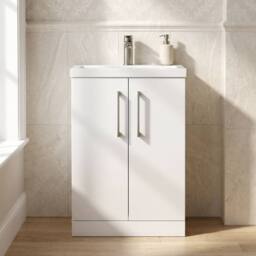 Balterley Bathroom Vanity Basin Unit, Brushed Pewter Handles, 600mm, Gloss White - thumbnail 4