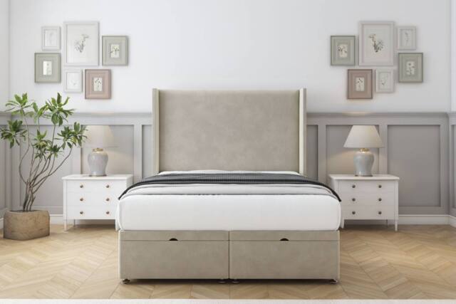 "Sloomy Devonshire Plush Ottoman Bed Set With 54"" Wingback Headboard in Cream - Size: Single" - image 1