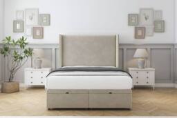 "Sloomy Devonshire Plush Ottoman Bed Set With 54"" Wingback Headboard in Cream - Size: Single" - thumbnail 1