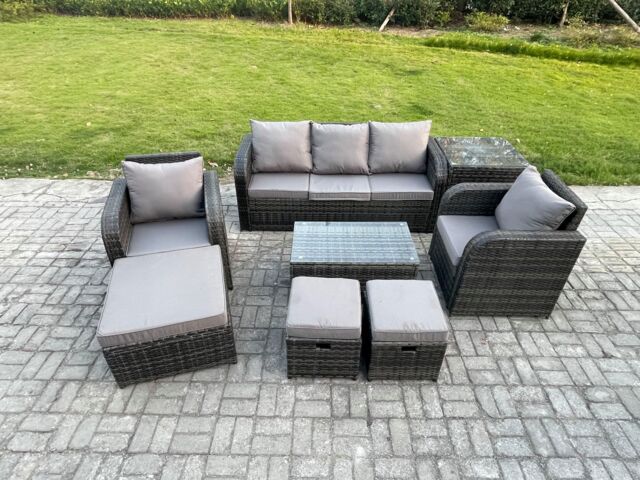 Fimous 8 Seater Rattan Garden Furniture Set Patio Outdoor Lounge Sofa Set with Rectangular Coffee Table 3 Footstools in Dark Grey - image 1