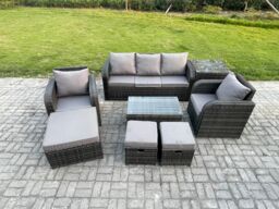Fimous 8 Seater Rattan Garden Furniture Set Patio Outdoor Lounge Sofa Set with Rectangular Coffee Table 3 Footstools in Dark Grey - thumbnail 1