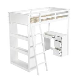 Rolipo White Wooden High Sleeper Bed with Desk & Storage 3ft Single - thumbnail 9