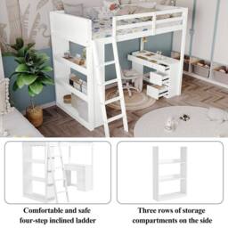 Rolipo White Wooden High Sleeper Bed with Desk & Storage 3ft Single - thumbnail 7