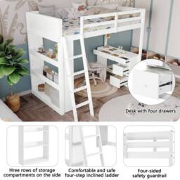Rolipo White Wooden High Sleeper Bed with Desk & Storage 3ft Single - thumbnail 5