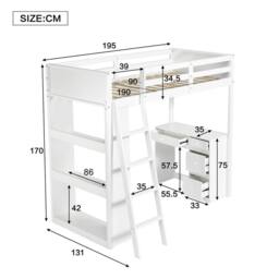 Rolipo White Wooden High Sleeper Bed with Desk & Storage 3ft Single - thumbnail 4