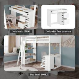 Rolipo White Wooden High Sleeper Bed with Desk & Storage 3ft Single - thumbnail 6