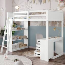 Rolipo White Wooden High Sleeper Bed with Desk & Storage 3ft Single - thumbnail 3