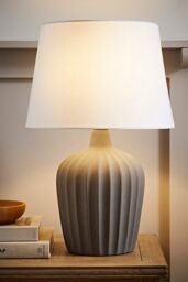 ValueLights Serena Natural Tapered Linen Lamp Shade Ribbed Ceramic Stonewear Table Lamp in Grey